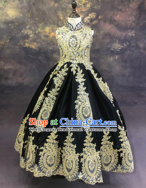 Professional Catwalks Stage Show Black Dress Modern Fancywork Compere Court Princess Dance Costume for Kids