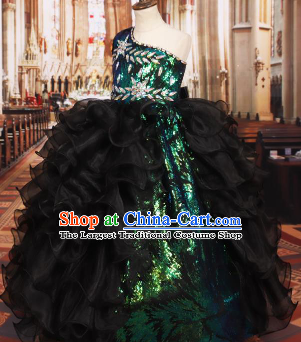 Professional Girls Compere Black Veil Paillette Full Dress Modern Fancywork Catwalks Stage Show Costume for Kids