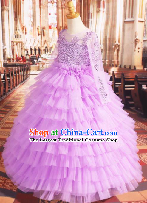 Professional Girls Compere Purple Veil Full Dress Modern Fancywork Catwalks Stage Show Costume for Kids