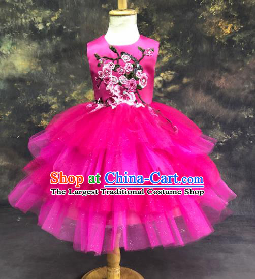 Professional Catwalks Stage Show Rosy Veil Dress Modern Fancywork Compere Court Princess Dance Costume for Kids