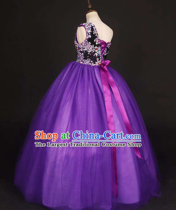 Professional Girls Compere Purple Veil Long Full Dress Modern Fancywork Catwalks Stage Show Costume for Kids