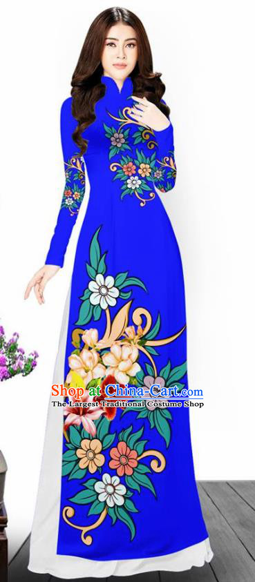 Asian Vietnam Traditional Printing Flowers Blue Aodai Cheongsam Vietnamese Bride Classical Qipao Dress for Women