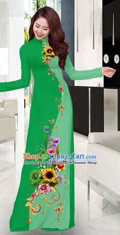 Green Aodai Cheongsam Asian Vietnam Traditional Costume Vietnamese Bride Classical Qipao Dress for Women