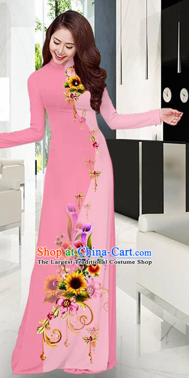 Pink Aodai Cheongsam Asian Vietnam Traditional Costume Vietnamese Bride Classical Qipao Dress for Women