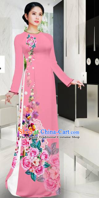 Asian Vietnam Printing Roses Pink Aodai Cheongsam Traditional Costume Vietnamese Bride Classical Qipao Dress for Women