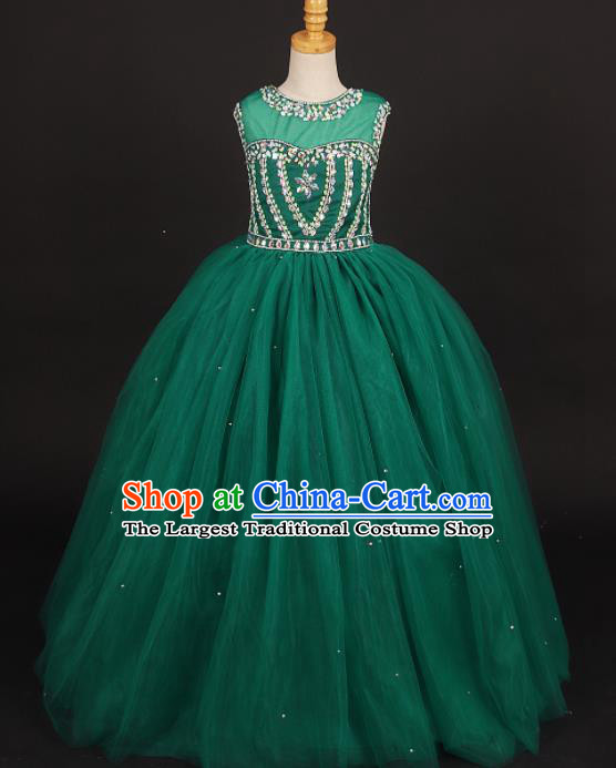 Professional Girls Catwalks Green Veil Dress Modern Fancywork Compere Stage Show Costume for Kids