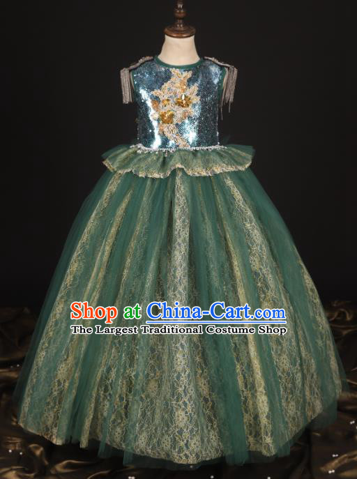 Professional Girls Modern Fancywork Green Lace Dress Catwalks Compere Stage Show Costume for Kids
