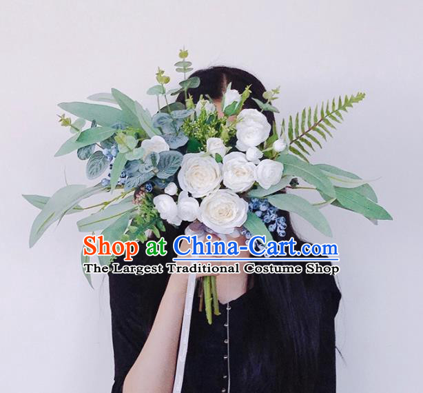 Handmade Classical Wedding Bride Holding Emulational Flowers White Rose Flowers Ball Hand Tied Bouquet Flowers for Women