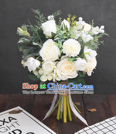 Handmade Classical Wedding Bride Holding Emulational Flowers Ball White Rose Hand Tied Bouquet Flowers for Women