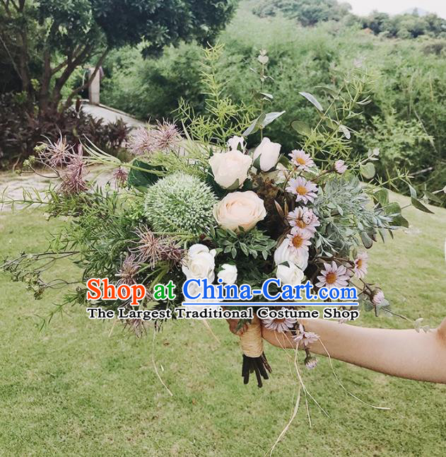 Handmade Wedding Bride Holding Emulational Classical Grass Rose Flowers Ball Hand Tied Bouquet Flowers for Women