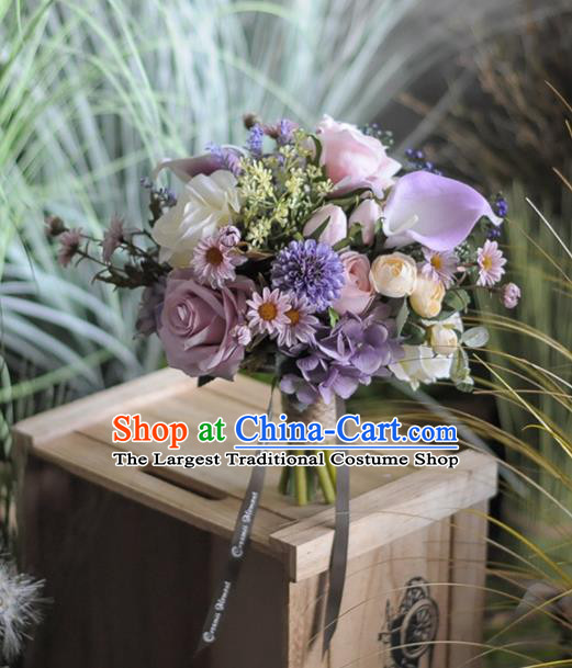 Handmade Wedding Bride Holding Emulational Classical Purple Rose Flowers Ball Hand Tied Bouquet Flowers for Women