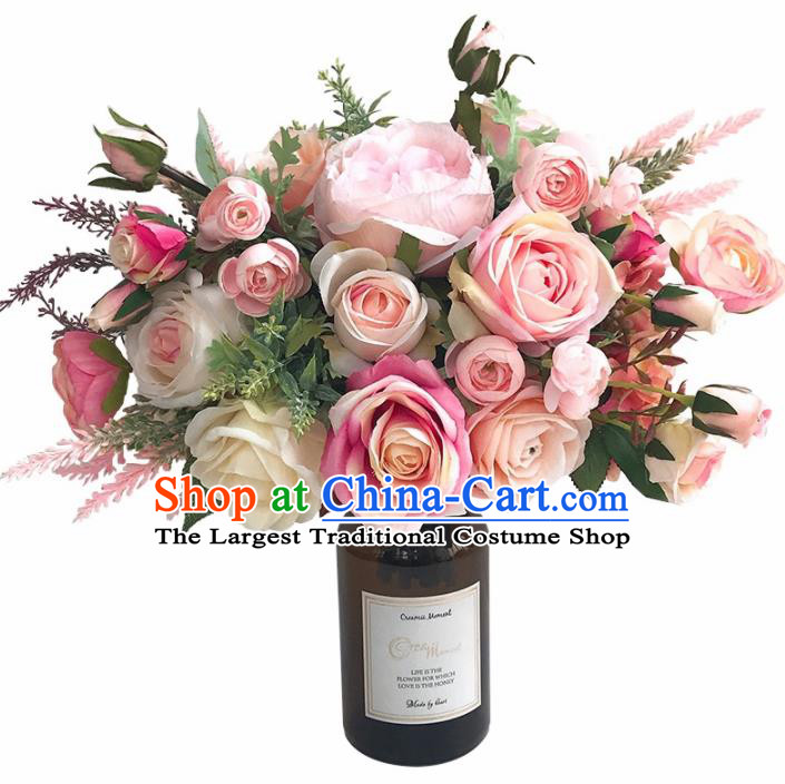 Handmade Wedding Bride Holding Emulational Classical Pink Rose Flowers Ball Hand Tied Bouquet Flowers for Women