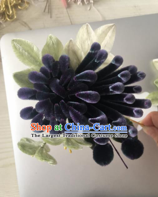 Chinese Handmade Purple Velvet Chrysanthemum Hairpins Ancient Palace Hair Accessories Headwear for Women