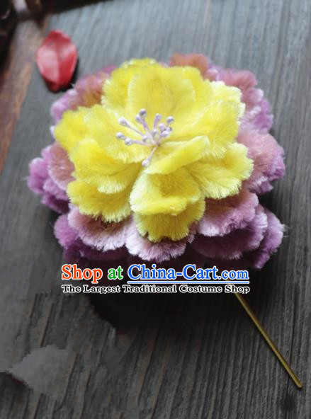 Chinese Handmade Yellow Velvet Peony Hairpins Ancient Palace Queen Hair Accessories Headwear for Women
