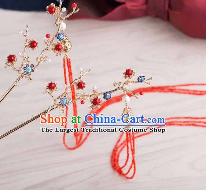 Chinese Handmade Red Tassel Hairpins Ancient Princess Hair Accessories Headwear for Women