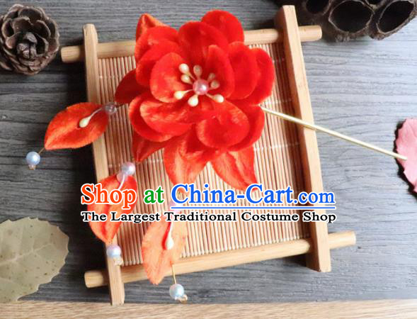 Chinese Handmade Wedding Red Velvet Flower Hairpins Ancient Palace Queen Hair Accessories Headwear for Women