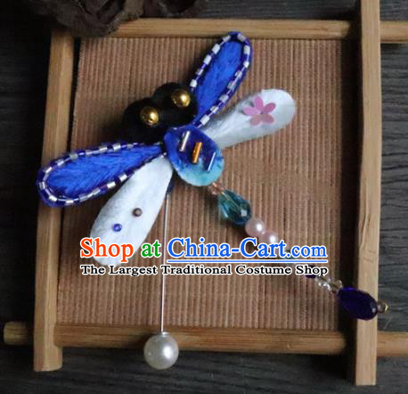 Handmade Chinese Classical Blue Velvet Dragonfly Brooch Ancient Palace Pearls Breastpin for Women