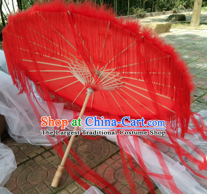 Chinese Traditional Red Ribbon Tassel Umbrella Ancient Princess Umbrella for Women