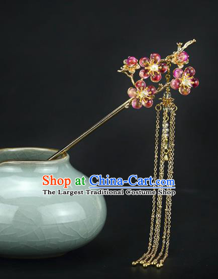 Chinese Handmade Hanfu Rosy Plum Blossom Tassel Hairpins Ancient Princess Hair Accessories Headwear for Women