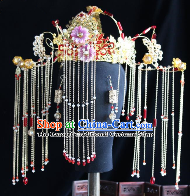 Chinese Handmade Palace Red Cloisonne Phoenix Coronet Hairpins Ancient Princess Hanfu Hair Accessories Headwear for Women