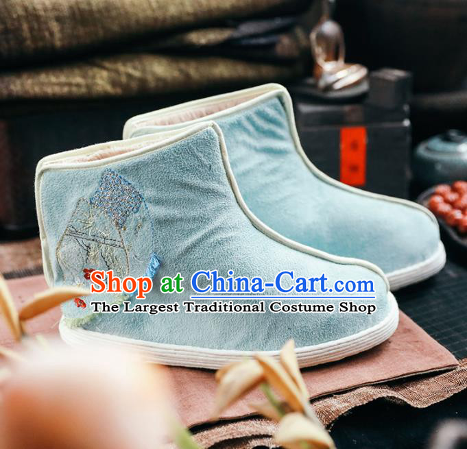 Chinese Handmade Light Blue Cloth Boots Traditional National Shoes Ancient Princess Hanfu Shoes for Women