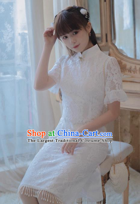 Chinese Classical National White Lace Cheongsam Traditional Tang Suit Qipao Dress for Women