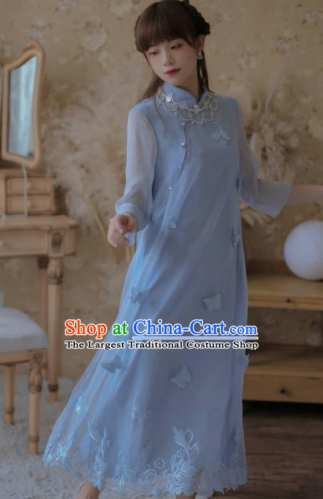 Chinese Classical National Blue Butterfly Cheongsam Traditional Tang Suit Qipao Dress for Women