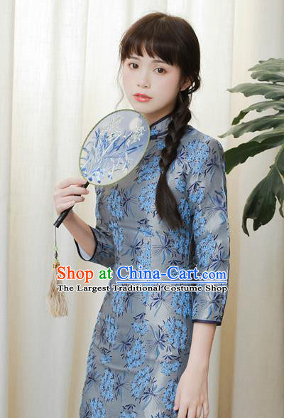 Chinese National Printing Grey Cheongsam Traditional Classical Tang Suit Qipao Dress for Women