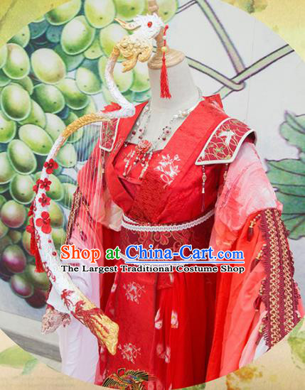 Chinese Traditional Cosplay Swordswoman Wedding Costume Ancient Tang Dynasty Princess Red Hanfu Dress for Women