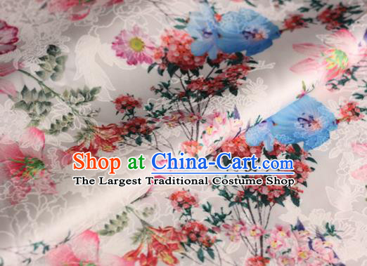 Chinese Traditional Satin Fabric Material Classical Flowers Pattern Design White Brocade Cheongsam Silk Fabric
