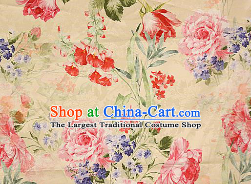 Chinese Traditional Fabric Classical Peony Pattern Design Yellow Brocade Cheongsam Satin Material Silk Fabric