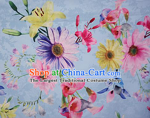 Chinese Traditional Fabric Classical Daisy Pattern Design Blue Brocade Cheongsam Satin Material Silk Fabric