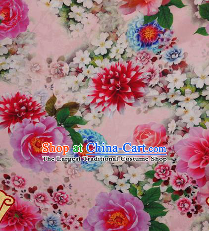 Chinese Traditional Hanfu Printing Peony Pattern Pink Brocade Material Cheongsam Classical Fabric Satin Silk Fabric