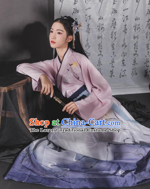 Chinese Ancient Jin Dynasty Young Lady Embroidered Hanfu Dress Traditional Swordswoman Historical Costume for Women