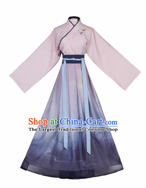 Chinese Ancient Jin Dynasty Young Lady Embroidered Hanfu Dress Traditional Swordswoman Historical Costume for Women