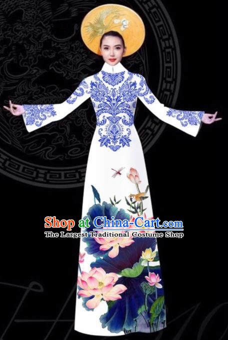 Vietnam Traditional Court Printing Lotus White Aodai Cheongsam Asian Vietnamese Queen Classical Qipao Dress for Women
