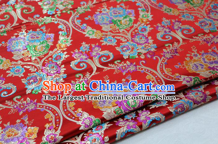 Asian Chinese Traditional Tang Suit Royal Peony Vase Pattern Red Brocade Satin Fabric Material Classical Silk Fabric