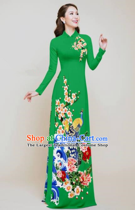 Vietnam Traditional Printing Peacock Peony Green Aodai Cheongsam Asian Vietnamese Bride Classical Qipao Dress for Women