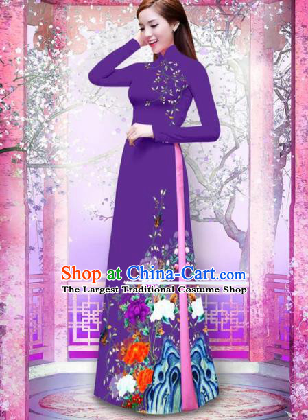 Vietnam Traditional Printing Peony Purple Ao Dai Dress Asian Vietnamese Bride Classical Cheongsam for Women