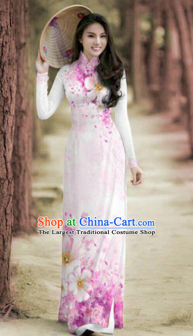 Vietnam Traditional Printing Pink Ao Dai Dress Asian Vietnamese Bride Classical Cheongsam for Women