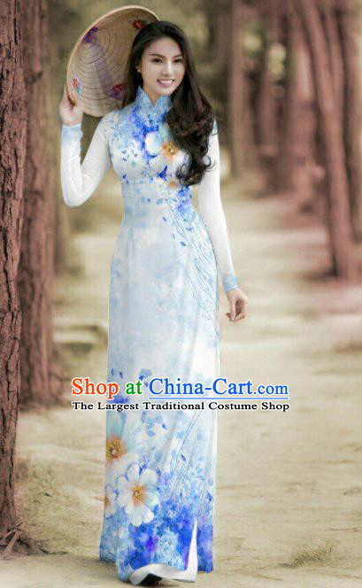 Vietnam Traditional Printing Blue Ao Dai Dress Asian Vietnamese Bride Classical Cheongsam for Women