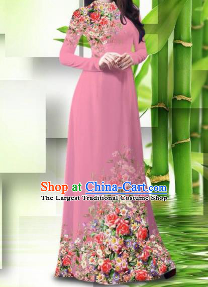 Vietnam Classical Printing Roses Pink Ao Dai Dress Asian Traditional Vietnamese Bride Cheongsam for Women