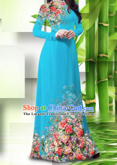 Vietnam Classical Printing Roses Blue Ao Dai Dress Asian Traditional Vietnamese Bride Cheongsam for Women