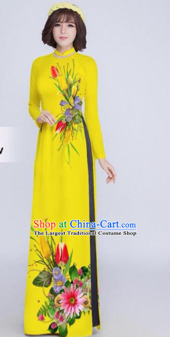 Vietnam Classical Printing Tulip Yellow Ao Dai Dress Asian Traditional Vietnamese Bride Cheongsam for Women