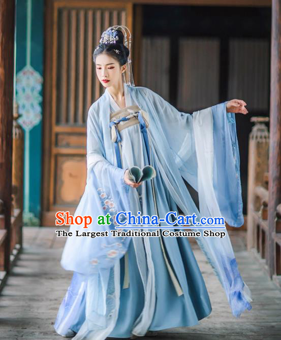 Chinese Traditional Ancient Goddess Embroidered Blue Hanfu Dress Tang Dynasty Imperial Consort Historical Costume for Women