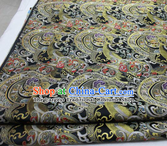 Asian Chinese Traditional Tang Suit Royal Waves Pattern Black Brocade Satin Fabric Material Classical Silk Fabric
