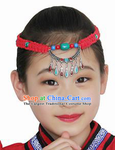 Chinese Mongolian Ethnic Hair Accessories Traditional Mongol Nationality Folk Dance Red Headband for Kids