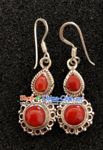 Traditional Chinese Mongol Nationality Sliver Ear Accessories Mongolian Ethnic Red Earrings for Women