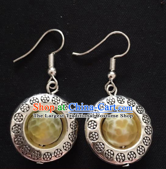 Chinese Mongol Nationality Yellow Ball Ear Accessories Traditional Mongolian Ethnic Sliver Earrings for Women