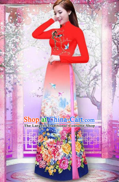 Vietnam Traditional National Printing Peony Red Ao Dai Dress Asian Vietnamese Cheongsam for Women